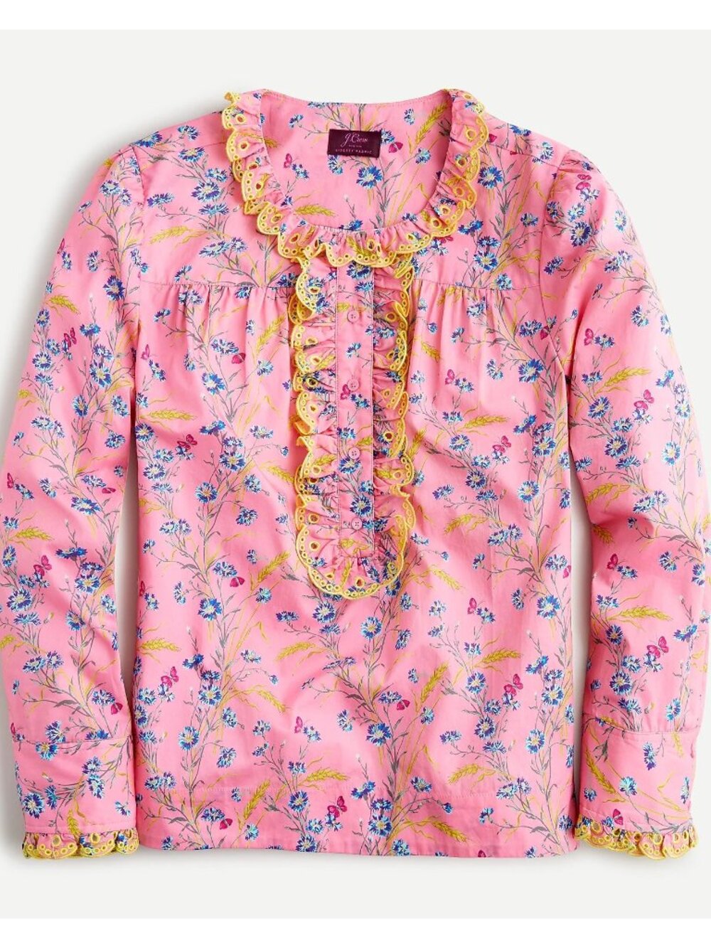 J.Crew Poplin Ruffle Blouse Size XS 100% Cotton Pink Wheat Bouquet Floral Print - Picture 4 of 13